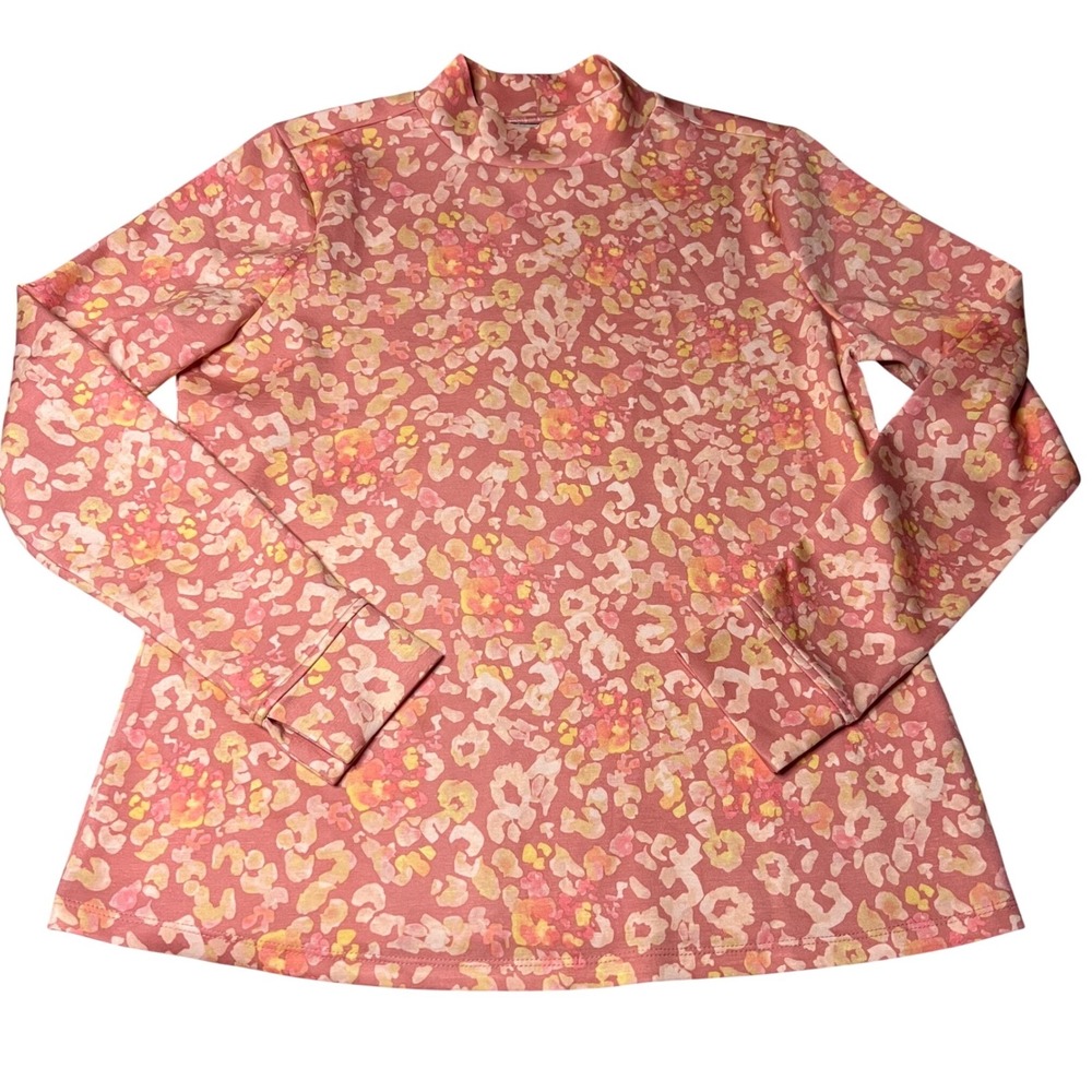 Isaac Mizrahi Live Pink Orange Watercolor Leopard‎ Mock Neck Top Size M